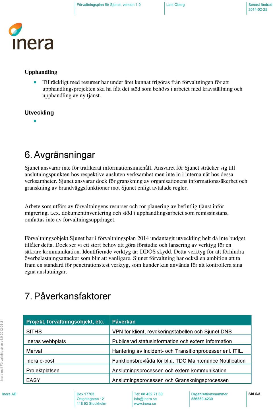 Ansvaret för Sjunet sträcker sig till anslutningspunkten hos respektive ansluten verksamhet men inte in i interna nät hos dessa verksamheter.