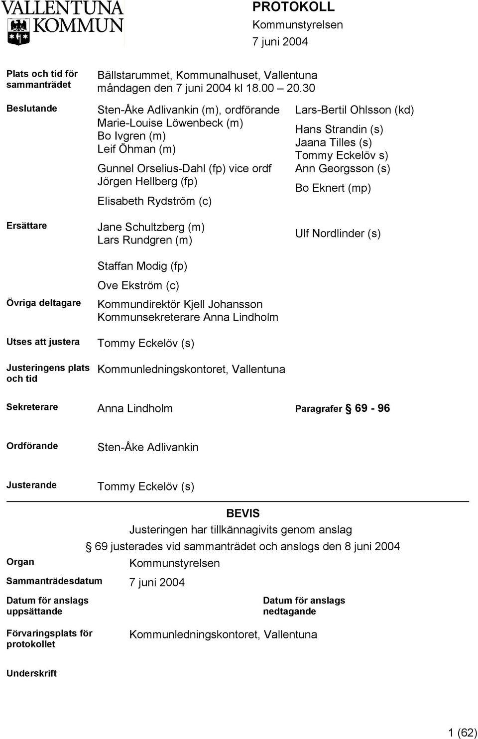 (fp) vice ordf Jörgen Hellberg (fp) Elisabeth Rydström (c) Jane Schultzberg (m) Lars Rundgren (m) Staffan Modig (fp) Ove Ekström (c) Kommundirektör Kjell Johansson Kommunsekreterare Anna Lindholm