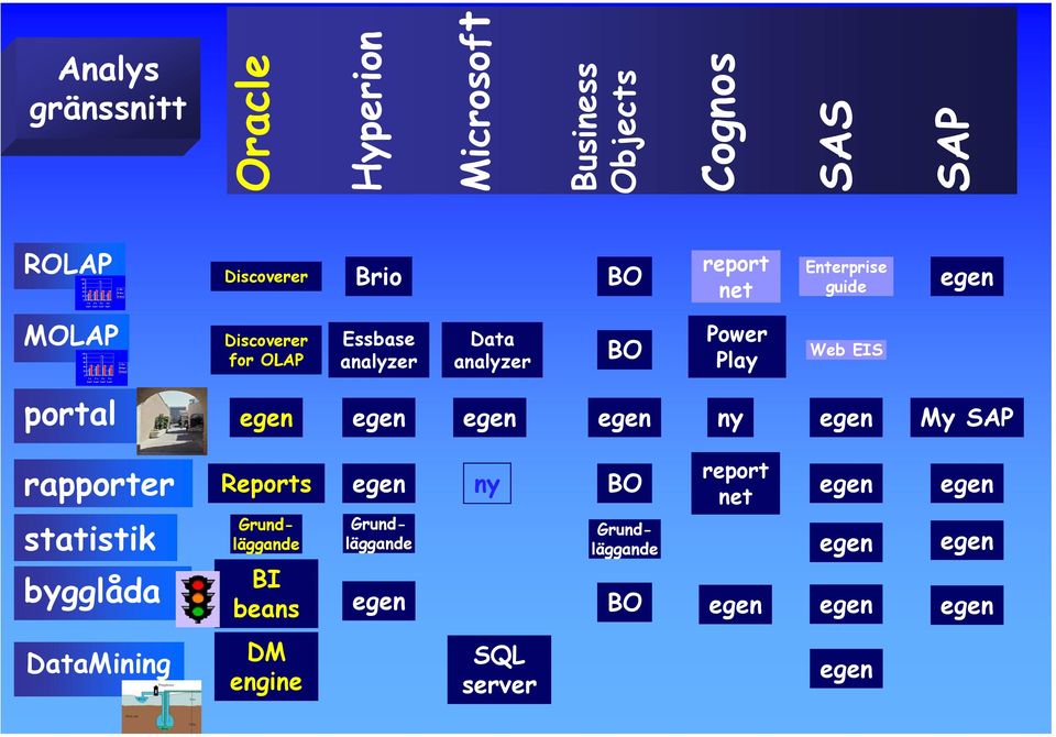 net Enterprise guide MOLAP Discoverer for OLAP Essbase analyzer Data analyzer BO Power Play Web EIS portal ny My SAP report