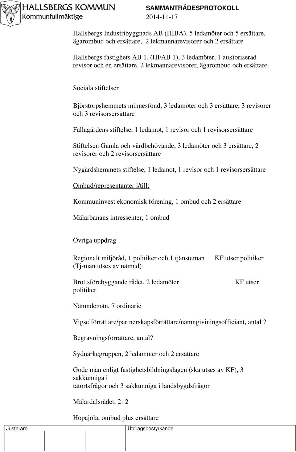 Sociala stiftelser Björstorpshemmets minnesfond, 3 ledamöter och 3 ersättare, 3 revisorer och 3 revisorsersättare Fallagårdens stiftelse, 1 ledamot, 1 revisor och 1 revisorsersättare Stiftelsen Gamla