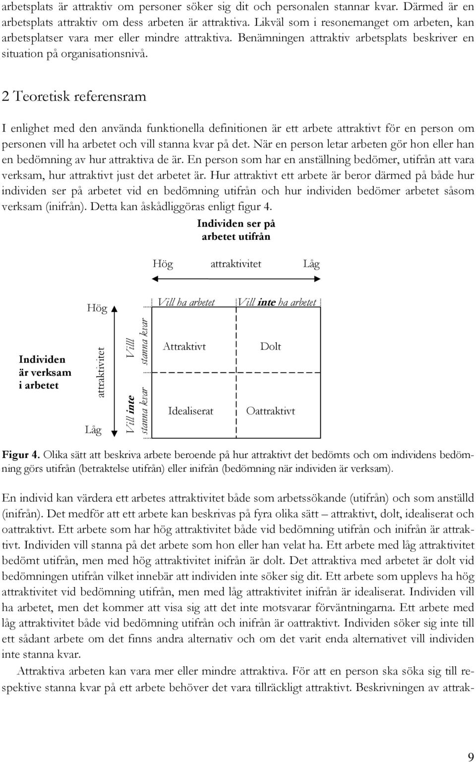 2 Teoretisk referensram I enlighet med den använda funktionella definitionen är ett arbete attraktivt för en person om personen vill ha arbetet och vill stanna kvar på det.