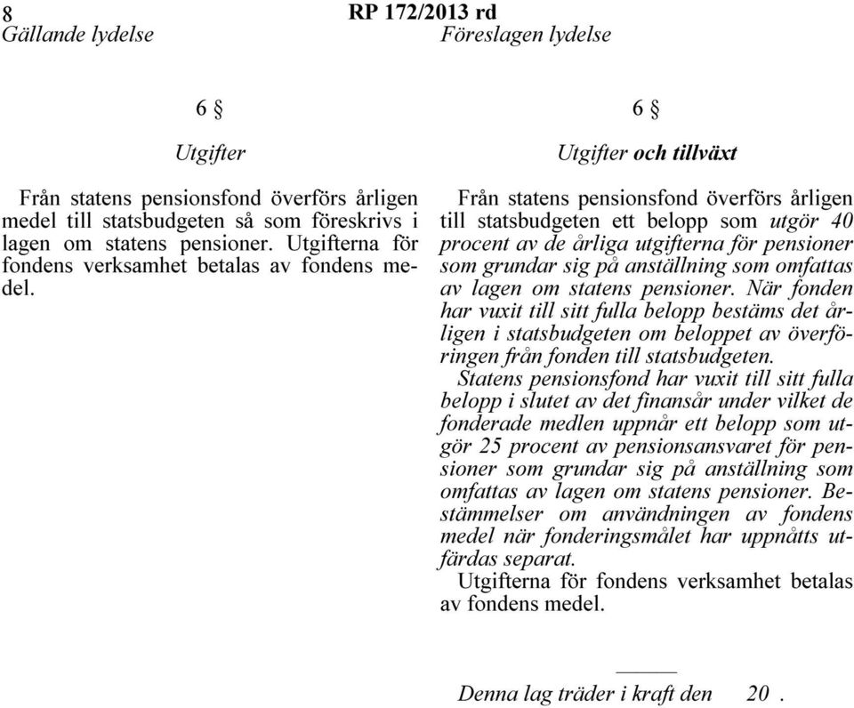 6 Utgifter och tillväxt Från statens pensionsfond överförs årligen till statsbudgeten ett belopp som utgör 40 procent av de årliga utgifterna för pensioner som grundar sig på anställning som omfattas