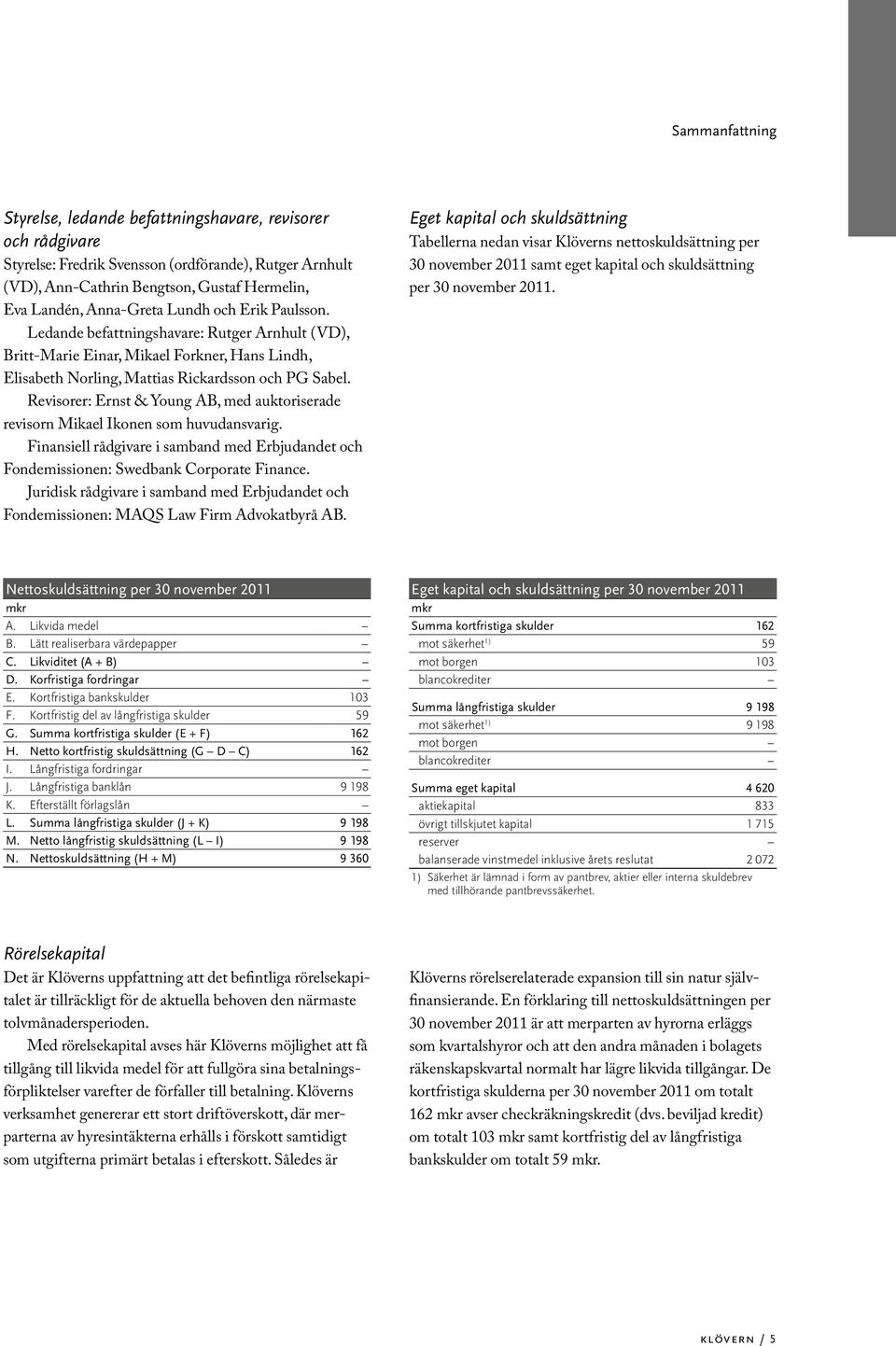 Revisorer: Ernst & Young AB, med auktoriserade revisorn Mikael Ikonen som huvudansvarig. Finansiell rådgivare i samband med Erbjudandet och Fondemissionen: Swedbank Corporate Finance.