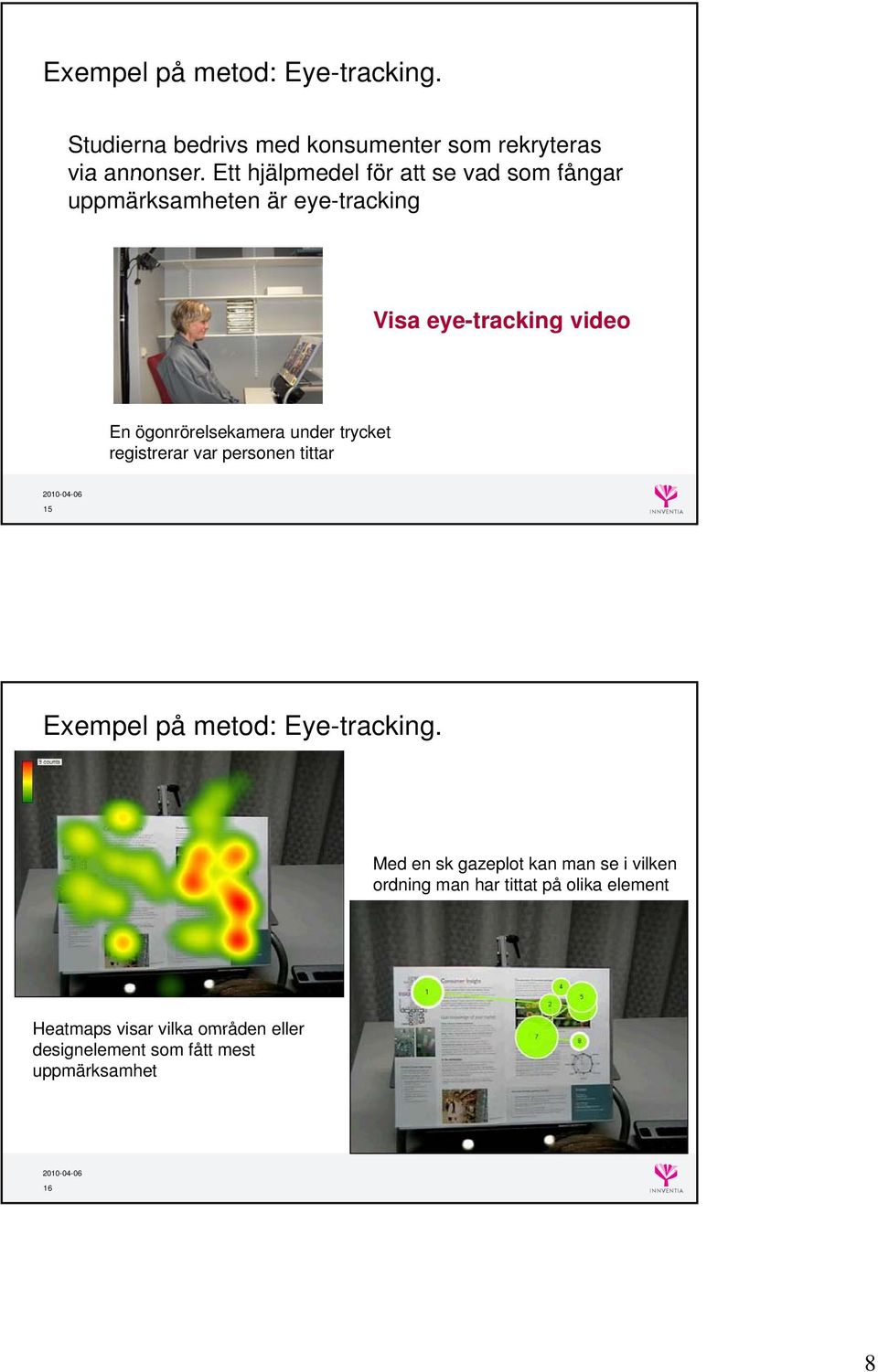 ögonrörelsekamera under trycket registrerar var personen tittar 15 Exempel på metod: Eye-tracking.