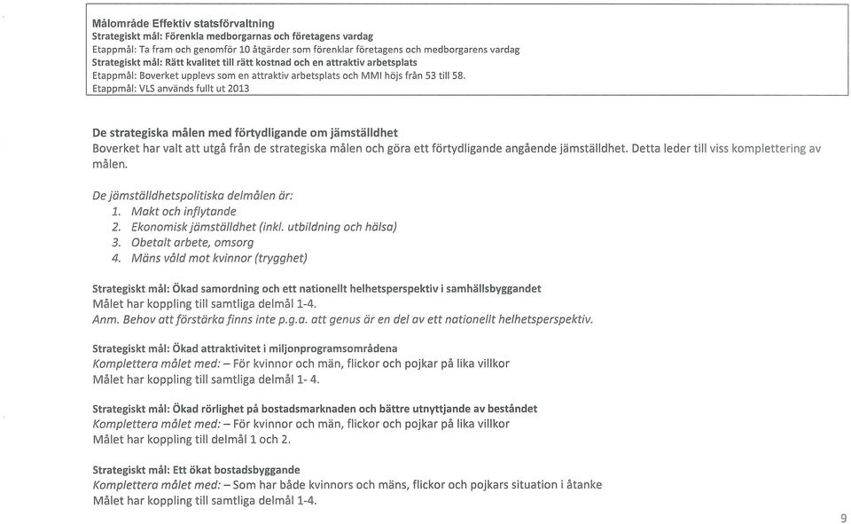 Etappmål: VLS används fullt ut 2013 De strategiska målen med förtydligande om jämställdhet Boverket har valt att utgå från de strategiska målen och göra ett förtydligande angående jämställdhet.