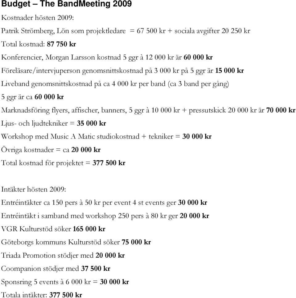 Marknadsföring flyers, affischer, banners, 5 ggr à 10 000 kr + pressutskick 20 000 kr är 70 000 kr Ljus- och ljudtekniker = 35 000 kr Workshop med Music A Matic studiokostnad + tekniker = 30 000 kr