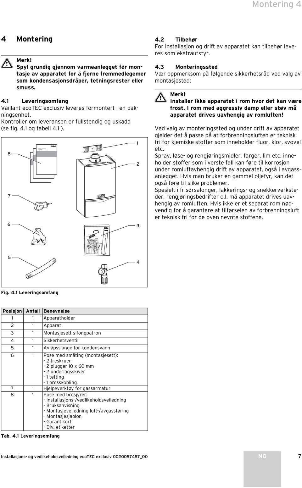 Leveringsomfang Vaillant ecotec exclusiv leveres formontert i en pakningsenhet. Kontroller om leveransen er fullstendig og uskadd (se fig. 4. og tabell 4. ).