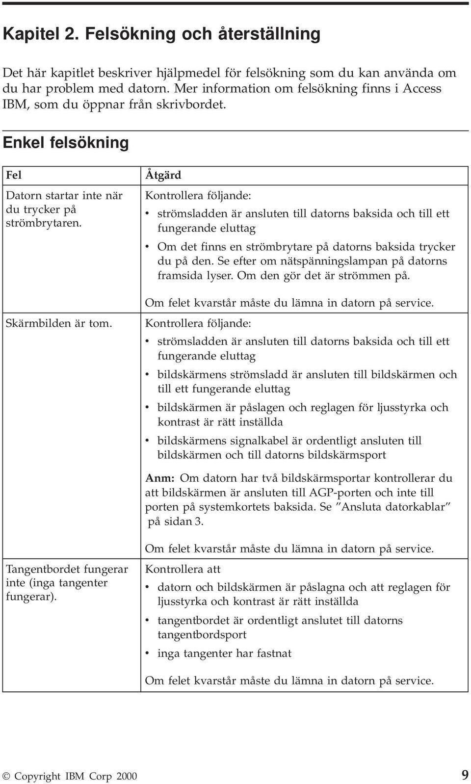 Åtgärd Kontrollera följande: v strömsladden är ansluten till datorns baksida och till ett fungerande eluttag v Om det finns en strömbrytare på datorns baksida trycker du på den.