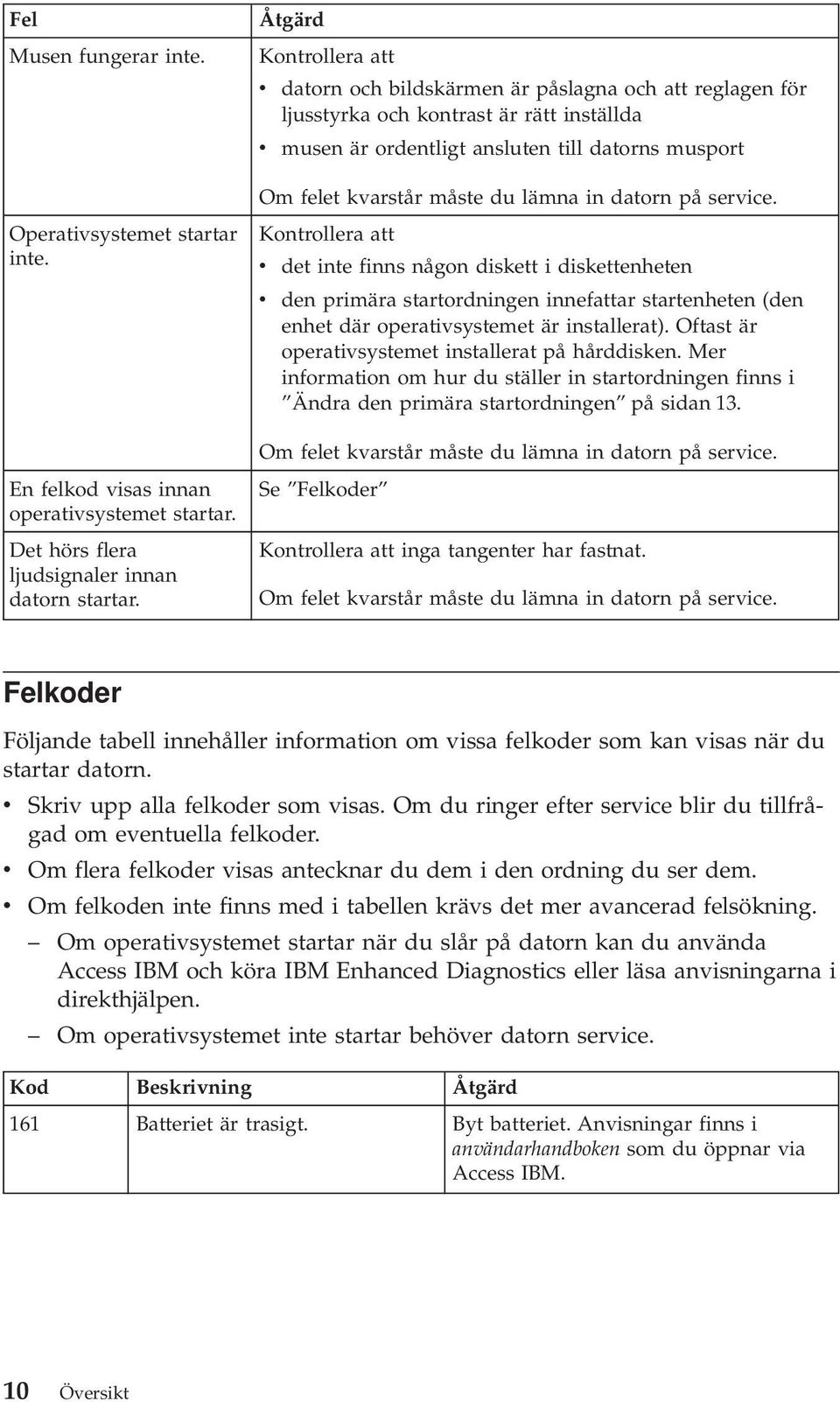 du lämna in datorn på service. Kontrollera att v det inte finns någon diskett i diskettenheten v den primära startordningen innefattar startenheten (den enhet där operativsystemet är installerat).