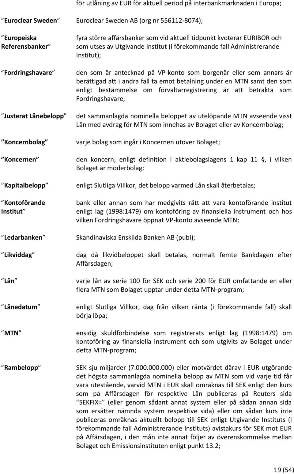 Utgivande Institut (i förekommande fall Administrerande Institut); den som är antecknad på VP-konto som borgenär eller som annars är berättigad att i andra fall ta emot betalning under en MTN samt