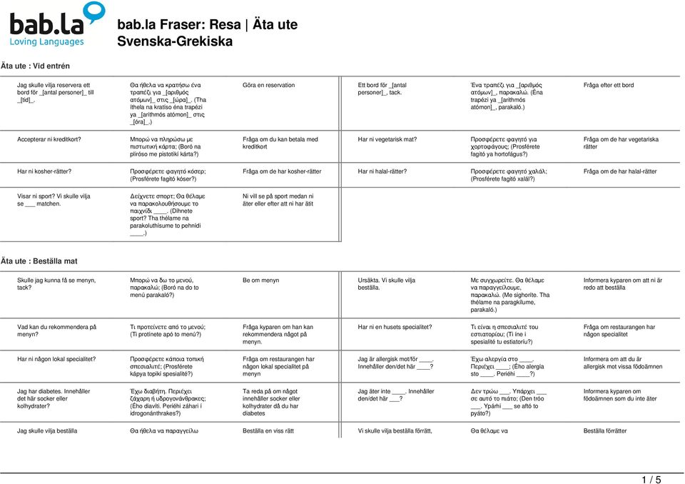 (Éna trapézi ya _[arithmós atómon]_, Fråga efter ett bord Accepterar ni kreditkort? Μπορώ να πληρώσω με πιστωτική κάρτα; (Boró na pliróso me pistotikí kárta?