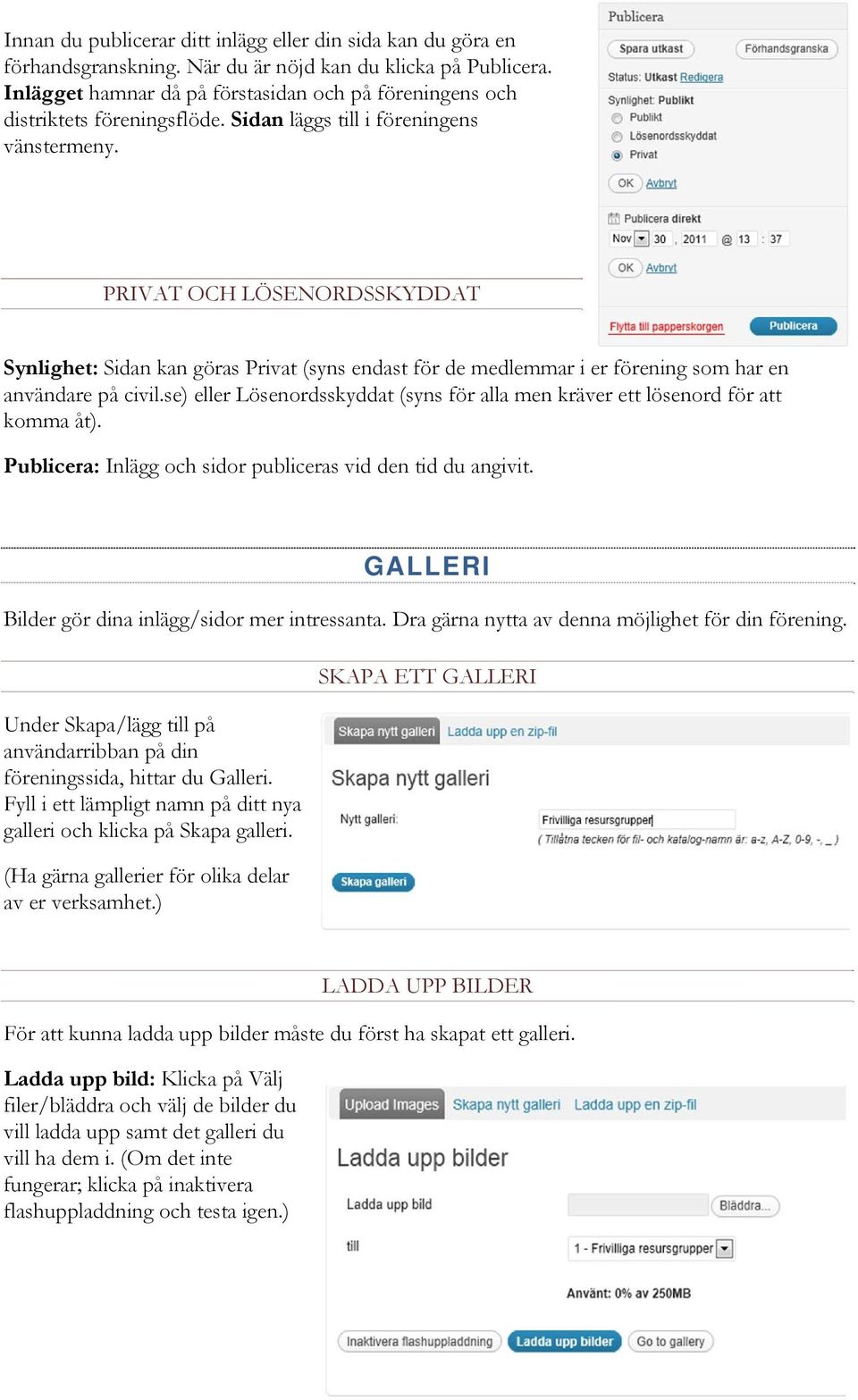 PRIVAT OCH LÖSENORDSSKYDDAT Synlighet: Sidan kan göras Privat (syns endast för de medlemmar i er förening som har en användare på civil.