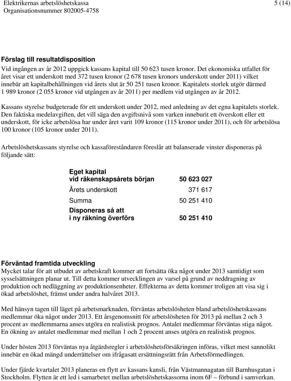 Kapitalets storlek utgör därmed 1 989 kronor (2 055 kronor vid utgången av år 2011) per medlem vid utgången av år 2012.