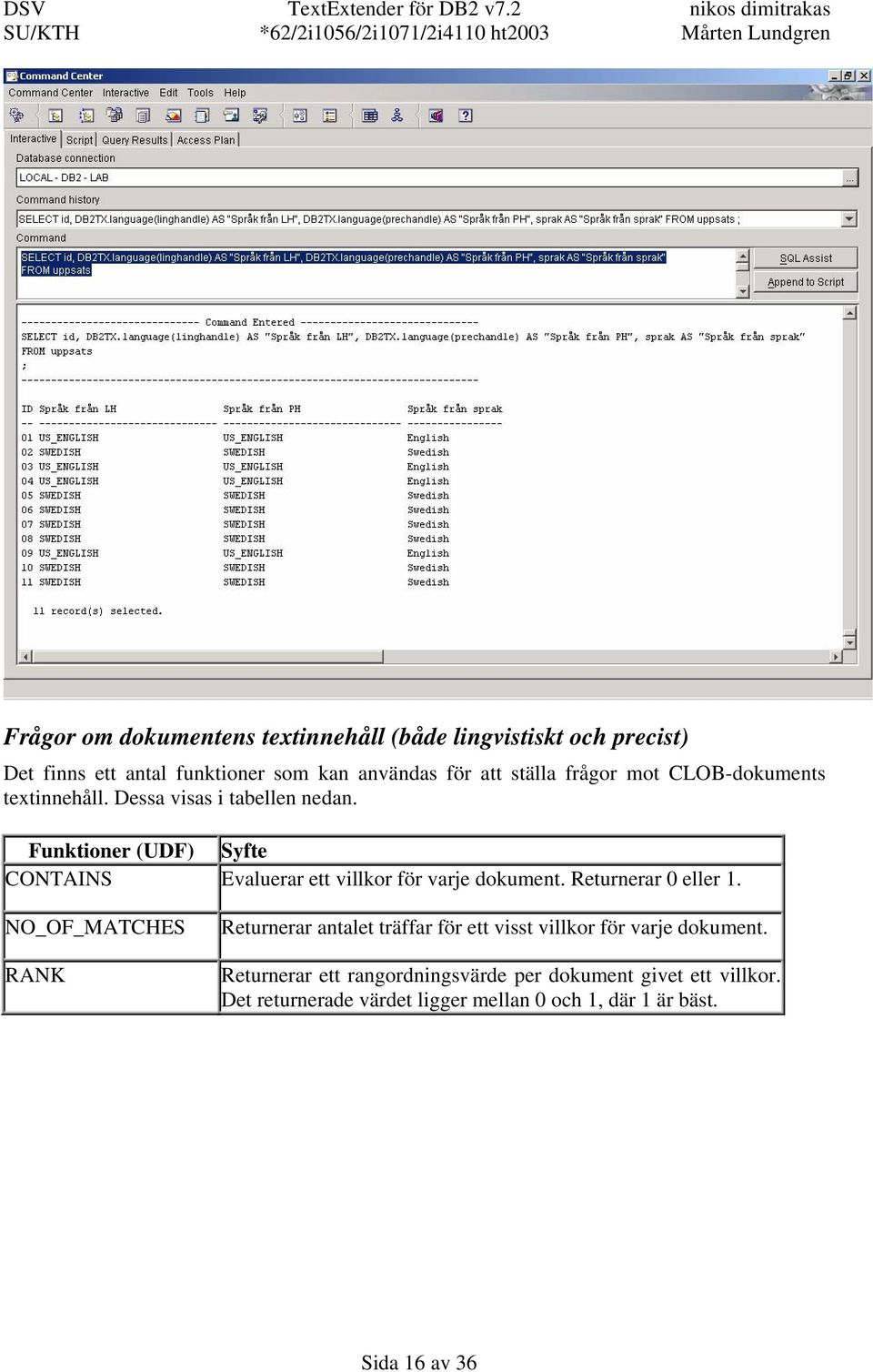 Funktioner (UDF) Syfte CONTAINS Evaluerar ett villkor för varje dokument. Returnerar 0 eller 1.