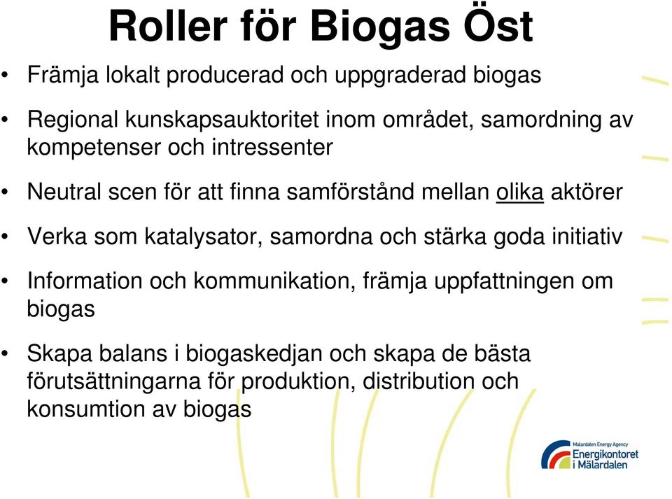 katalysator, samordna och stärka goda initiativ Information och kommunikation, främja uppfattningen om biogas