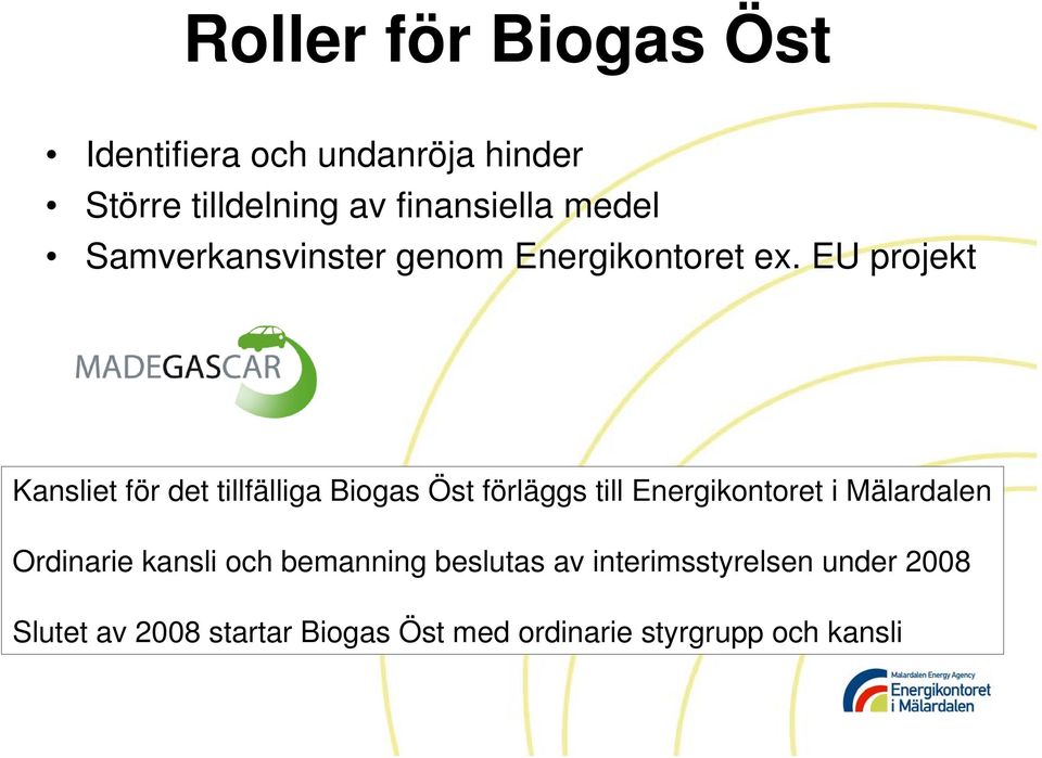 EU projekt Kansliet för det tillfälliga Biogas Öst förläggs till Energikontoret i Mälardalen