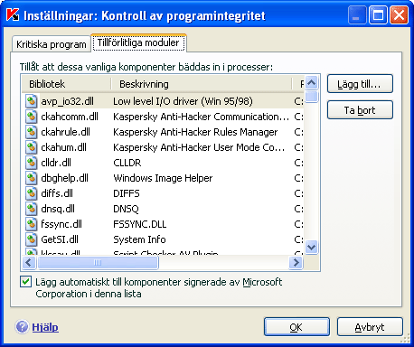 120 Kaspersky Anti-Virus 7.0 automatiskt att modulen läses in utan att kontrolleras och lägger till den i listan över delade komponenter.