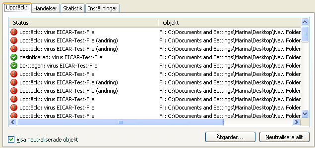 Avancerade alternativ 167 objekt tillsammans med status tilldelad till objektet av programmet när det genomsöktes eller bearbetades.