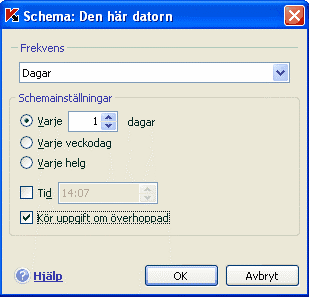 62 Kaspersky Anti-Virus 7.0 Figur 9. Skapa schema för körning av uppgifter Dagar. Uppgifter startas eller meddelanden skickas var och varannan dag. Ange intervallets längd i schemainställningarna: 1.