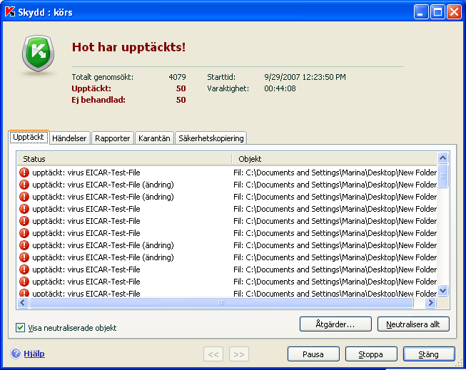 Skyddshanteringssystem 69 Så här skapar du en undantagsregel från ett programmeddelande som meddelar att ett farligt objekt har upptäckts: 1.