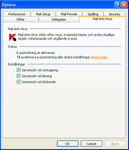 94 Kaspersky Anti-Virus 7.0 Varning! Om du använder Microsoft Office Outlook för att ansluta till e-postjänsten på IMAP rekommenderar vi att du inte använder läget Genomsök vid mottagning.