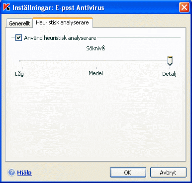Mail Anti-Virus 97 Figur 29. Använda heuristisk analys Heuristiska metoder för att upptäcka nya hot kan aktiveras/inaktiveras för Mail Anti-Virus-komponenten på fliken Heuristisk analyserare.