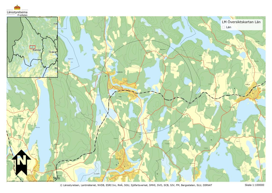 Bilaga 3. Översiktskarta över myggspridningsområdet i Deje Kartbild 3. Översiktskarta över spridningsområdet för myggor av en radie av 5 km anges med svart cirkel runt Deje området.