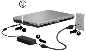 3. Sätt den andra änden av nätsladden i ett eluttag (3). Använda batteridrift Datorn drivs med batteri om den inte är ansluten till elnätet, och om det finns ett laddat batteri i datorn.