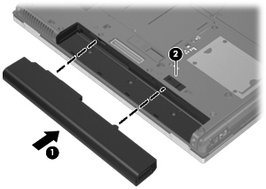 2. Sätt in batteriet (1) i batterifacket så att det sitter ordentligt. Batteriets frigöringsspärr (2) låser automatiskt batteriet på plats. Så här tar du ut batteriet: 1.