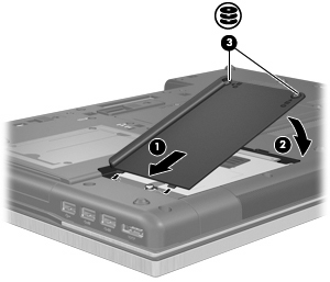 6. Dra åt skruvarna på hårddiskhöljet (3). 7. Sätt tillbaka batteriet. 8. Vänd datorn åt rätt håll igen och återanslut sedan den externa strömmen och de externa enheterna. 9. Starta datorn.