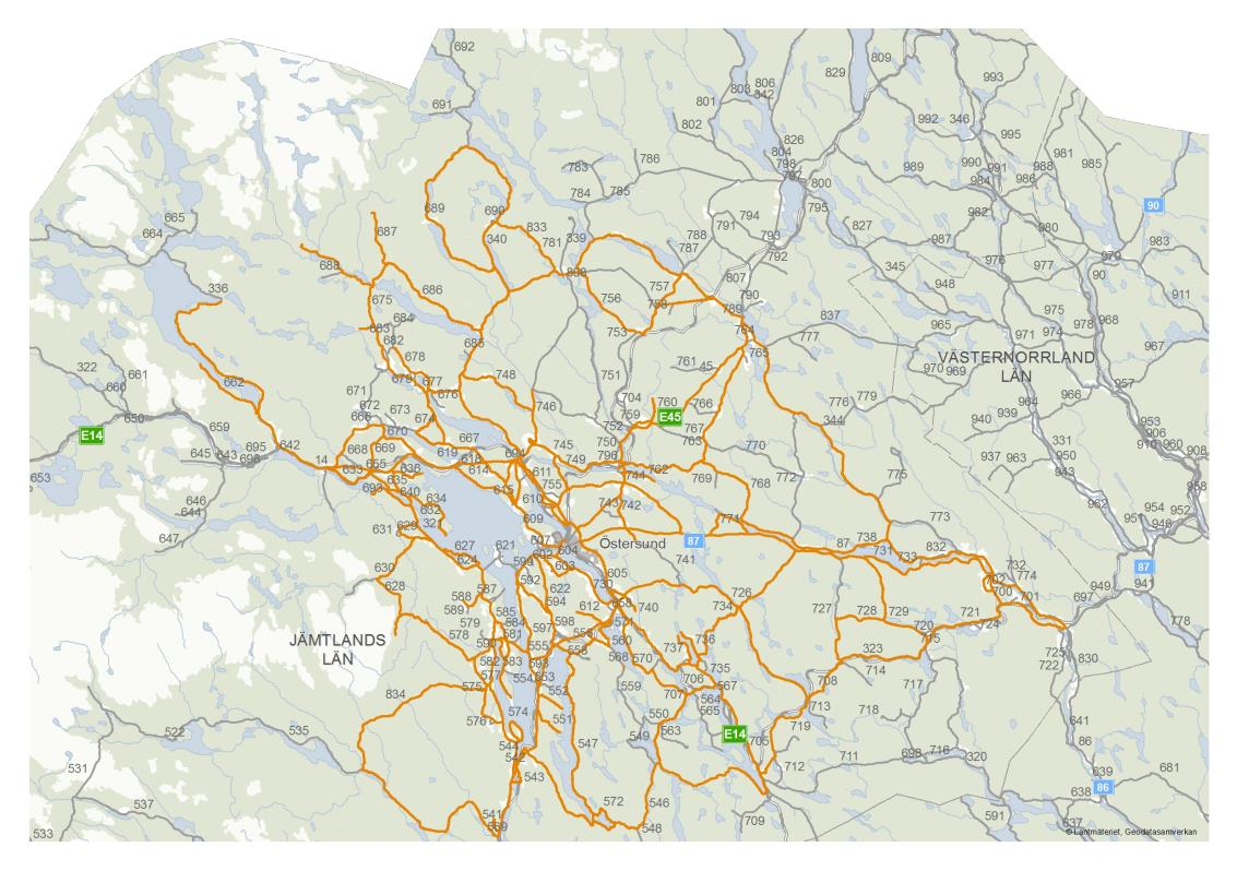 Bild 2. Förslag på lämpliga vägar för en ny bärighetsklass BK4 i nordligt område i Jämtlands län.