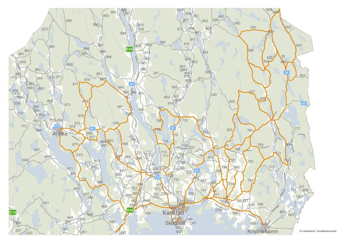 Bild 4. Förslag på lämpliga vägar för en ny bärighetsklass BK4 i Värmlands län. Begränsningarna för de vägar som kan upplåtas i området är i princip relaterade till svagheter i infrastrukturen.