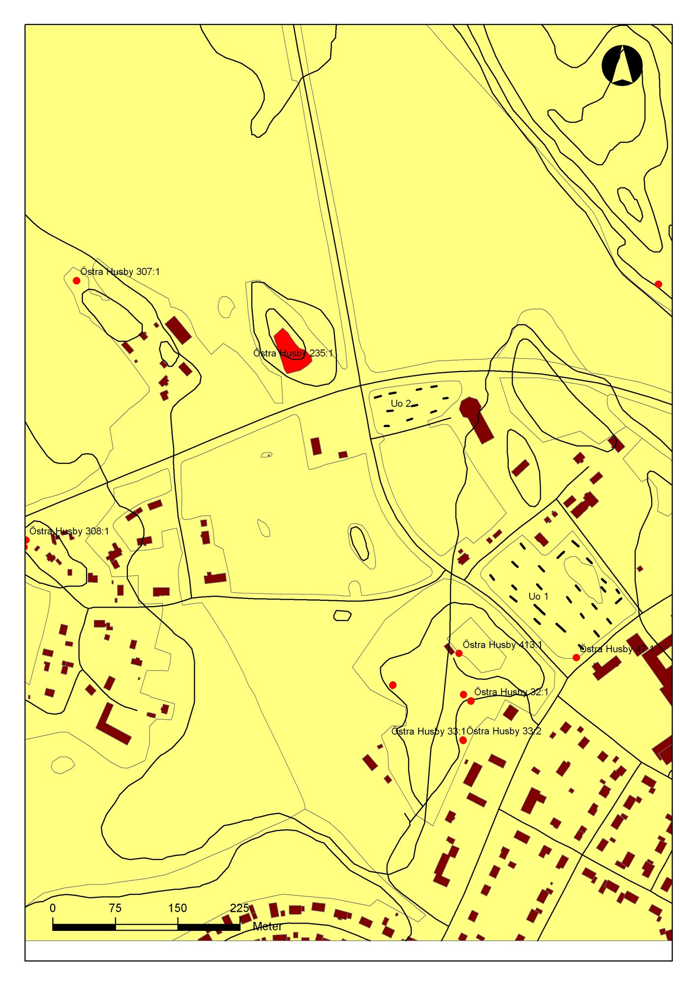 Den medeltida kyrkan revs i samband med att den nuvarande kyrkan uppfördes åren 180-1809 (Östra Husby kyrka 2004:5). Nordväst om kyrkan ligger Gyllingegården med pastorsexpedition och församlingshem.