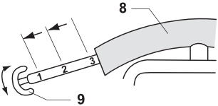 Teleskopgalge Ställ in teleskopgalgen (8) i föreskrivet läge. Säkerställ att krokarna (9) är i samma läge på bägge sidor.