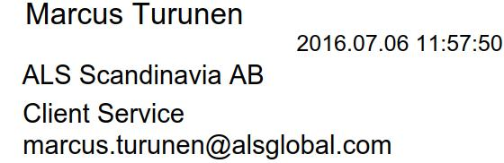 Rapport Sida 6 (6) L1618235 1UR85YNZ73I Metod 1 Analys enligt TS enligt SS 02 81 13-1. 2 Provet har torkats vid 105 C enligt svensk standard SS028113.