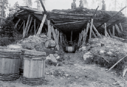 Tjärdal där tjära utvanns ur tallstubbar. Bild ur Skogsbibliotekets samlingar (SLU).