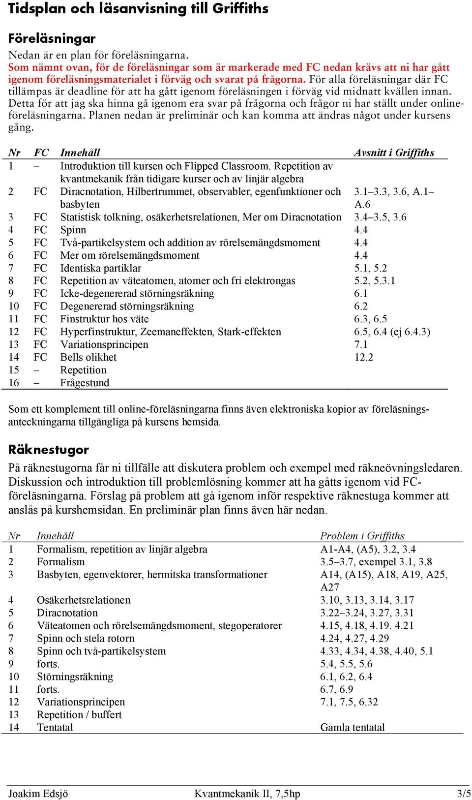 För alla föreläsningar där FC tillämpas är deadline för att ha gått igenom föreläsningen i förväg vid midnatt kvällen innan.