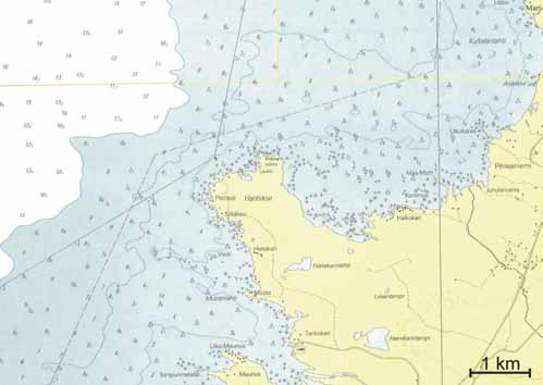 Bild 6-3. Sjökortsutdrag från området Hanhikivi udde. och Haapakoski cirka 10 kilometer söder och sydost om kraftverksområdet. 6.1.7 