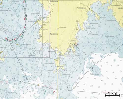 Bild 6-11. Sjökortsutdrag från området Karsikkoniemi udde. som ett begränsande näringsämne och Bottenvikens vatten närmar sig sötvatten i fråga om sin salthalt.