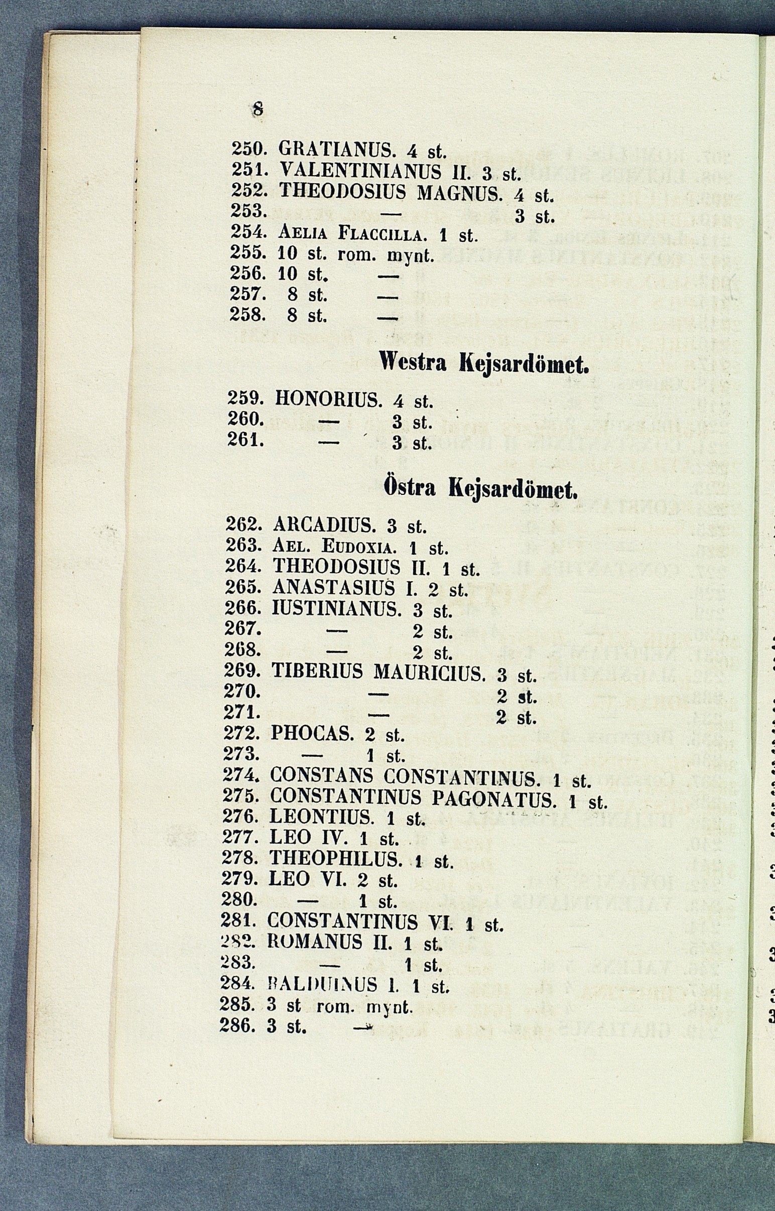 8 250. GRATIANUS. 4 st. 251. VALENTINIANUS II. 3 st. 252. THEODOS1US MAGNUS. 4 st. 253. 3 st. 254. AELIA FLACCIIXA. 1 st. 255. 10 st. rom. mynt. 256. 10 st. 257. 8 st. 258. 8 st. 259. HONORIUS. 4 st. 260.
