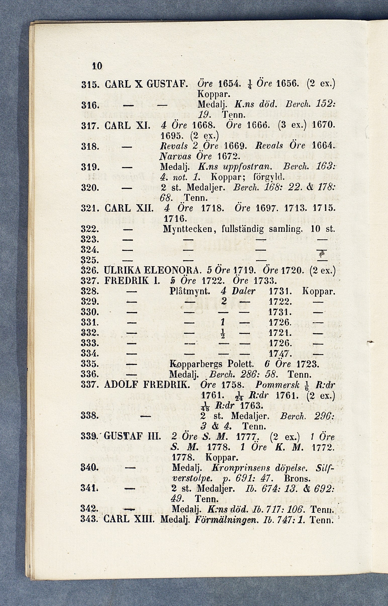 10 315. CARL X GUSTAF. 316. 317. CARL 318. 319. 320. 321. CARL Öre 1654. I Öre 1656. (2 ex.) Koppar. Medalj. K.ns död. Berch. 152: 19. Tenn. X I. 4 Öre 1668. Öre 1666. (3 ex.) 1670. 1695. (2 ex.) Revals 2 Öre 1669.