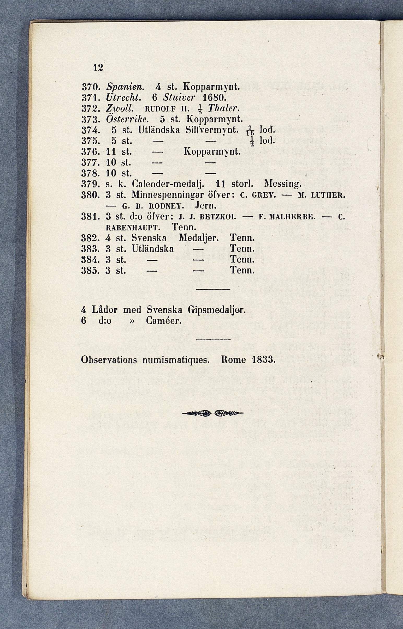 12 370. Spanien. 4 st. Kopparmynt. 371. Utrecht. 6 Stuiver 1680. 372. Zwoll. UDDOi.V II. J Thaler. 373. Österrike. 5 st. Kopparmynt. 374. 5 st. Utländska Silfvermynt. r 7 B lod. 375. 5 st. i lod. 376.