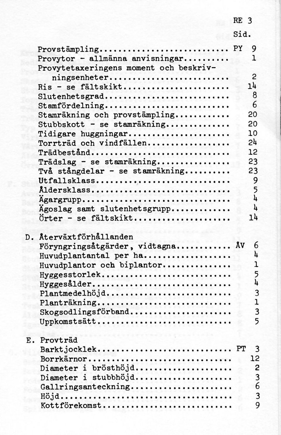 Stubbskott - se stamräkning 20 Tidigare huggningar 10 Torrträd och vindfällen 2k Trädbestånd 12 Trädslag - se stamräkning 23 Två stångdelar - se stamräkning 23 Utfallsklass 9 Åldersklass 5 Ägargrupp