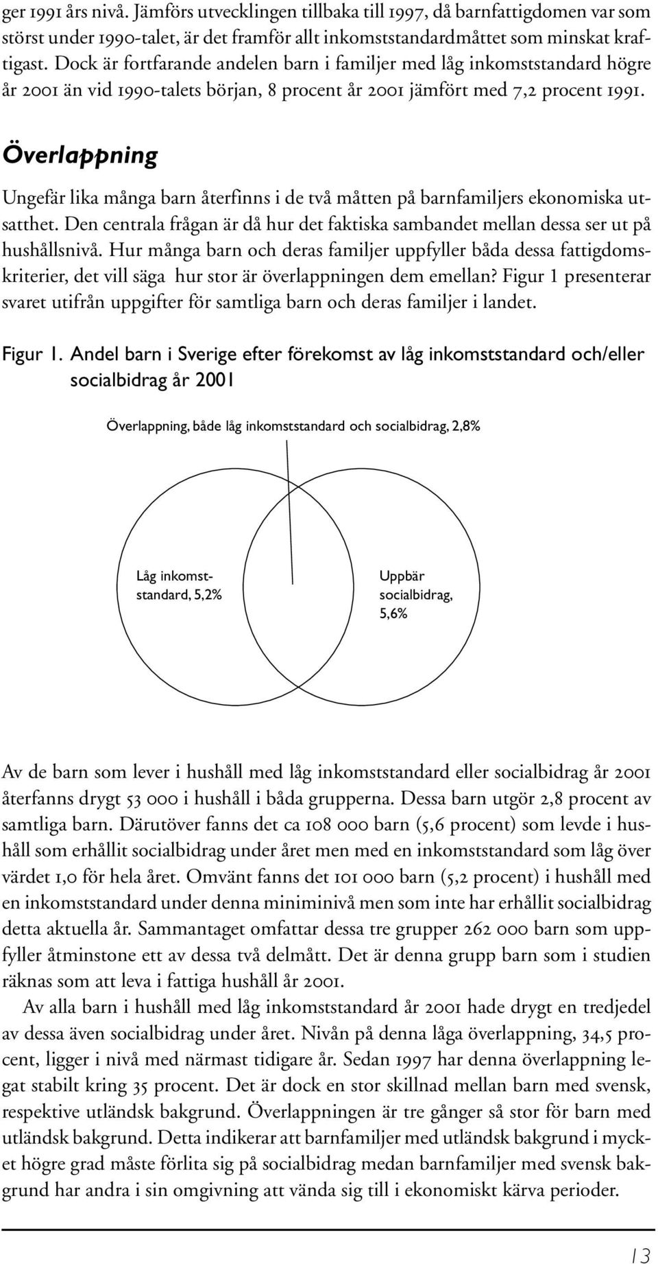 Överlappning Ungefär lika många barn återfinns i de två måtten på barnfamiljers ekonomiska utsatthet. Den centrala frågan är då hur det faktiska sambandet mellan dessa ser ut på hushållsnivå.