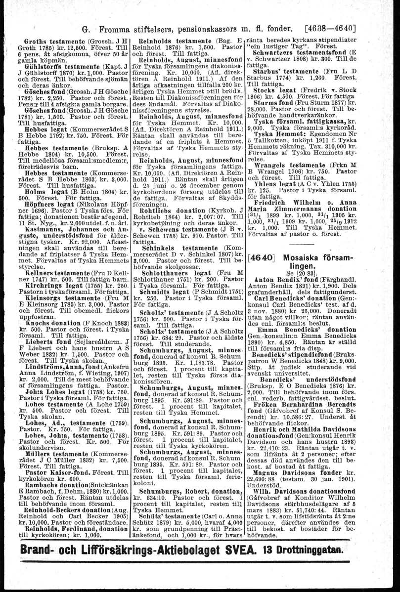 G.. Fromma stiftelsers, pensionskassors m. fl. fonder. [4638-4640] Kellners testamente (Fru D Kell Schlo tthauers legat (Fru M ner 1747) kr. 500. Till fattiga barn. Schlotthauer 1751) kr. 200.