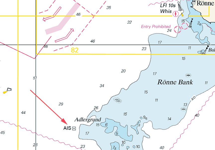 7 Nr 135 3697 Sjökort/Chart: 8 Tyskland. Södra Östersjön. NO om Rügen. V om Adlergrund. Mätplattform med AIS etablerad. Mätplattformen Arkona Becken Südost har etablerats på angiven position.