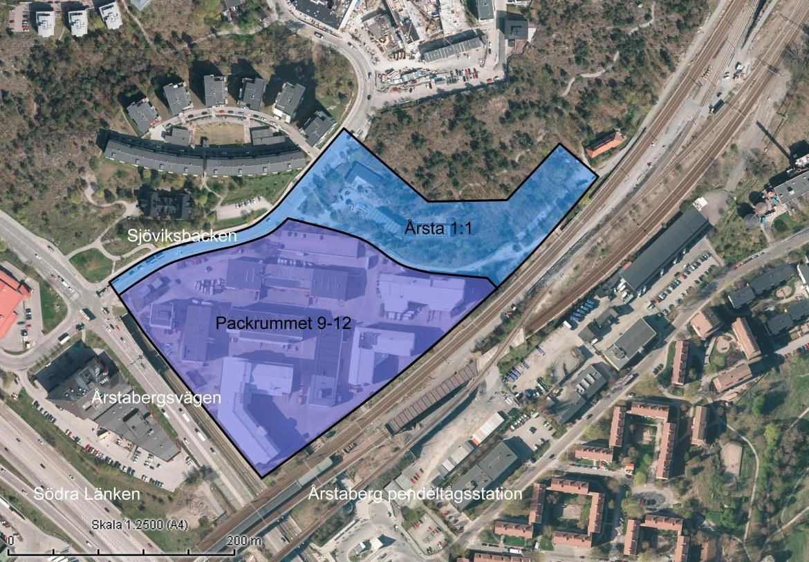 Sida 5 (15) Planområdet Tidigare beslut Planområdet utgörs av fastigheterna Packrummet 9-12 och del av Årsta 1:1, Liljeholmen, som ägs av Stockholm stad.