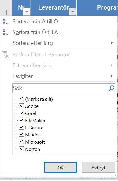 Filter När du valde Infoga, Tabell (Insert, Table) enligt föregående avsnitt, fick du bland annat en funktion som heter Filter, i tidigare versioner Autofilter (AutoFilter).