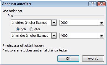 Ett anpassat filter som visar alla poster där Pris är större än 2000, men mindre än 4000. Du kan också välja att exempelvis posterna med de 10 högsta värdena visas. Där kan t.ex. även de 5 lägsta värdena (eller procenten!