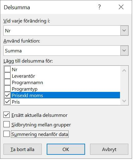 Mer om databaser Delsummor I en lista önskar man ofta att kunna erhålla delsummeringar.